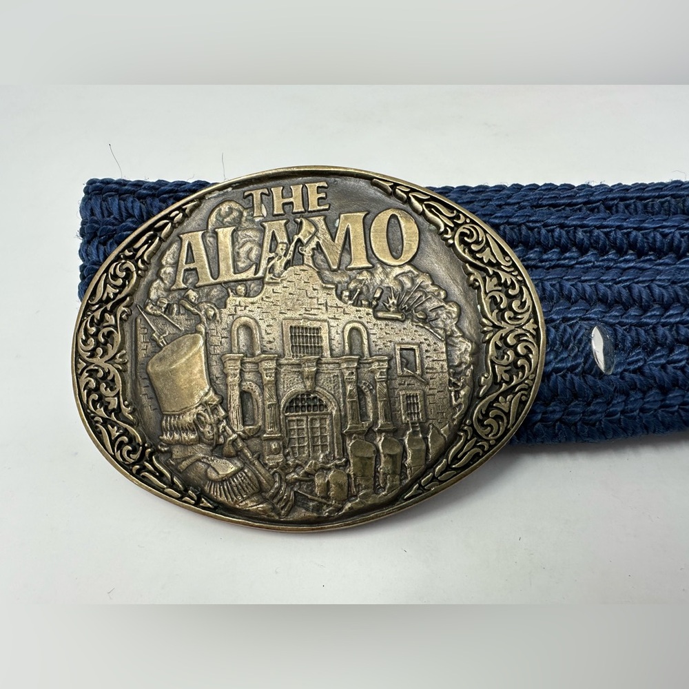 The Alamo Solid Brass Belt Buckle And Navy Blue Woven Belt